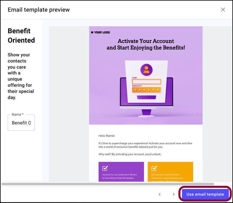 Create an email for your campaign 9 Click use email template 1