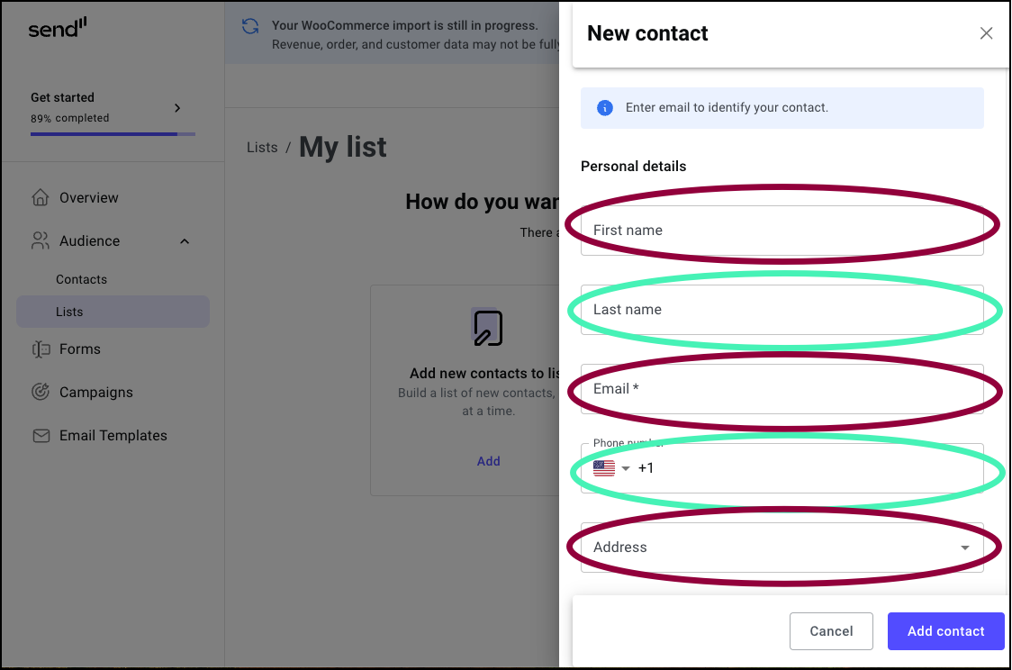 Add contacts to a list 11 Fill in contact details